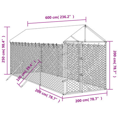 vidaXL suņu voljērs ar jumtu, 2x6x2,5m, cinkots tērauds, sudraba krāsā