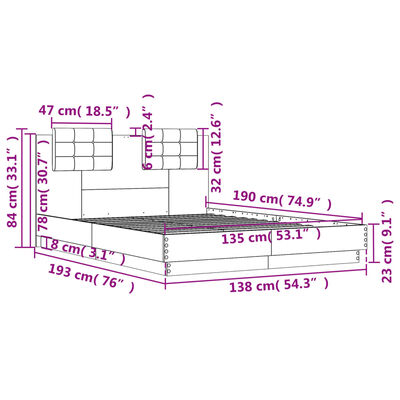 vidaXL gultas rāmis ar galvgali, pelēka ozolkoka, 135x190 cm