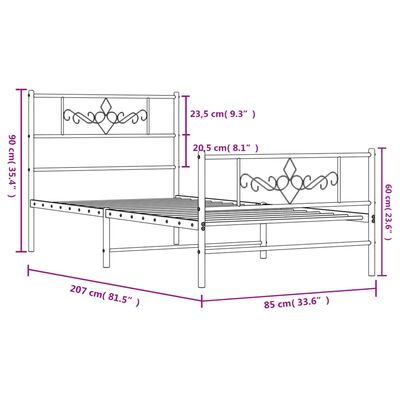 vidaXL gultas rāmis ar galvgali un kājgali, melns metāls, 80x200 cm