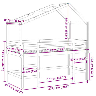 vidaXL augstā gulta ar jumtu, 80x200 cm, priedes masīvkoks