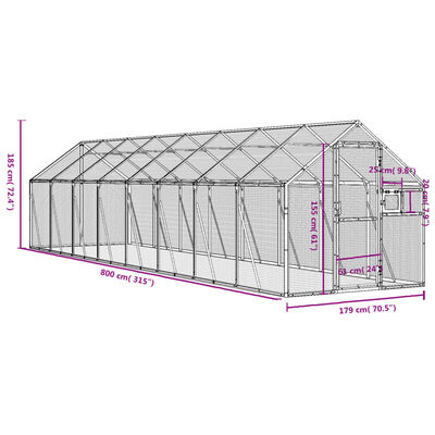 vidaXL putnu māja, pelēka, 1,79x8x1,85 m, alumīnijs