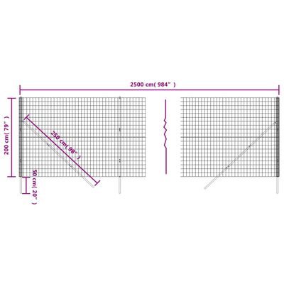 vidaXL stiepļu žogs, pelēks, 2x25 m, cinkots tērauds