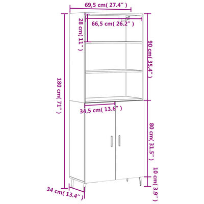 vidaXL augstais skapis, ozolkoka, 69,5x34x180 cm, inženierijas koks