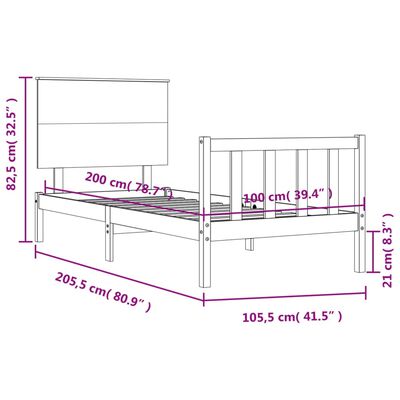 vidaXL gultas rāmis ar galvgali, melns, 100x200 cm, masīvkoks