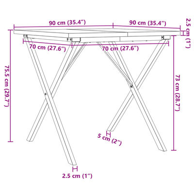 vidaXL virtuves galds, X-rāmis, 90x90x75,5 cm, priedes koks, čuguns