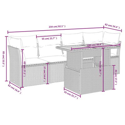 vidaXL 5-daļīgs dārza dīvāna komplekts ar matračiem, PE rotangpalma