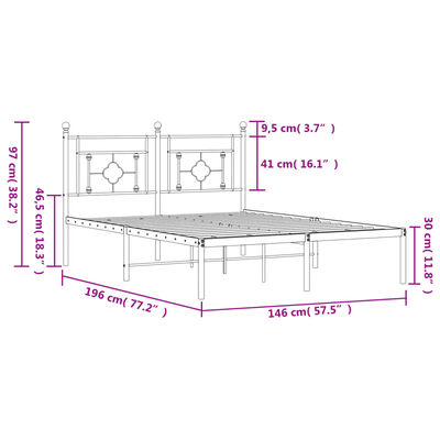 vidaXL gultas rāmis ar galvgali, melns metāls, 140x190 cm