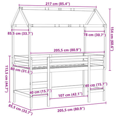 vidaXL augstā gulta ar jumtu, balta, 80x200 cm, priedes masīvkoks