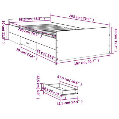 vidaXL gultas rāmis ar atvilktnēm, pelēka ozola, 100x200 cm