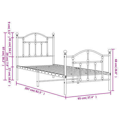 vidaXL gultas rāmis ar galvgali un kājgali, melns metāls, 90x200 cm