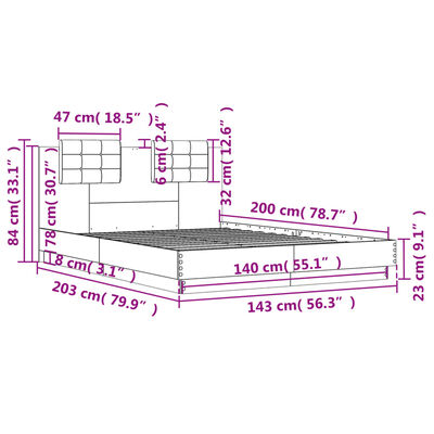 vidaXL gultas rāmis ar galvgali un LED, melns, 140x200 cm