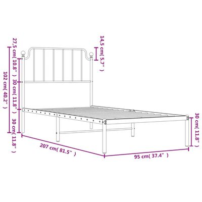 vidaXL gultas rāmis ar galvgali, balts metāls, 90x200 cm