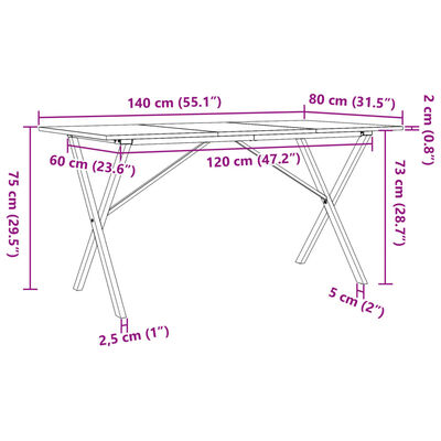 vidaXL virtuves galds, X-rāmis, 140x80x75 cm, priedes koks, čuguns