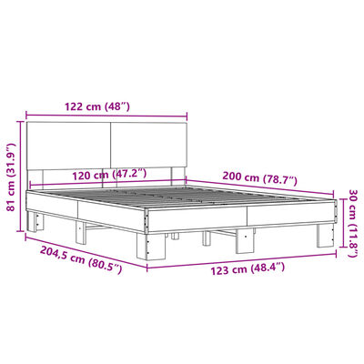 vidaXL gultas rāmis, brūna ozola, 120x200cm, inženierijas koks, metāls