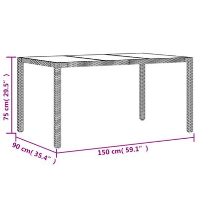 vidaXL dārza galds, stikla virsma, pelēks, 150x90x75cm, PE rotangpalma