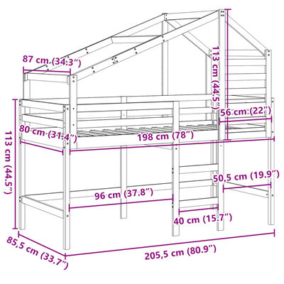 vidaXL augstā gulta ar jumtu, 80x200 cm, priedes masīvkoks