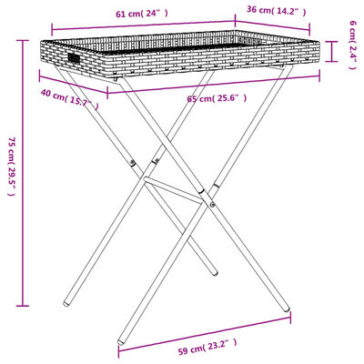 vidaXL saliekams galds, melns, 65x40x75 cm, PE rotangpalma