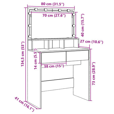 vidaXL spoguļgaldiņš ar LED, ozolkoka krāsa, 80x41x134,5 cm