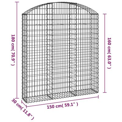 vidaXL arkveida gabiona grozs, 150x30x160/180 cm, cinkota dzelzs