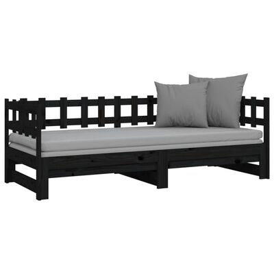 vidaXL izvelkama gulta, melna, 2x(90x200) cm, priedes masīvkoks