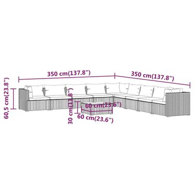 vidaXL 10-daļīgs dārza atpūtas mēbeļu komplekts, melna PE rotangpalma