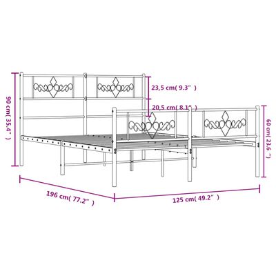 vidaXL gultas rāmis ar galvgali un kājgali, balts metāls, 120x190 cm