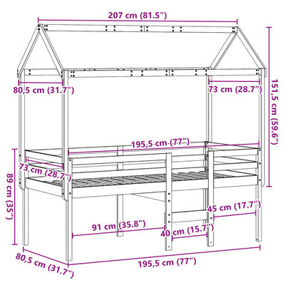 vidaXL augstā gulta ar jumtu, 75x190 cm, priedes masīvkoks