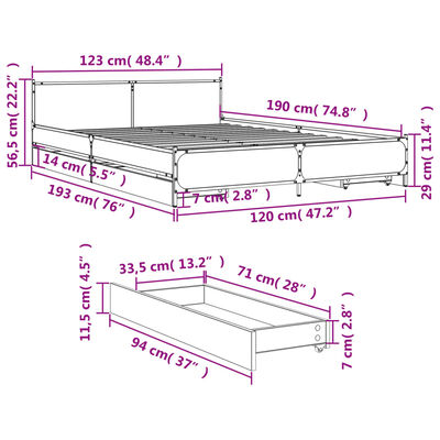 vidaXL gultas rāmis ar atvilktnēm, ozola, 120x190cm, inženierijas koks