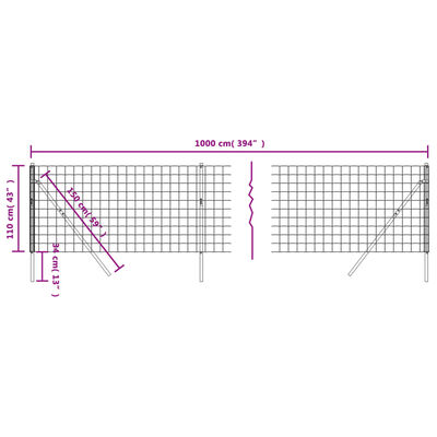 vidaXL stiepļu žogs, zaļš, 1,1x10 m, cinkots tērauds