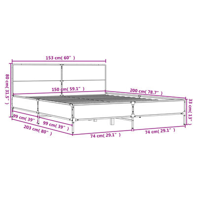 vidaXL gultas rāmis, ozola krāsā, 150x200cm, inženierijas koks, metāls