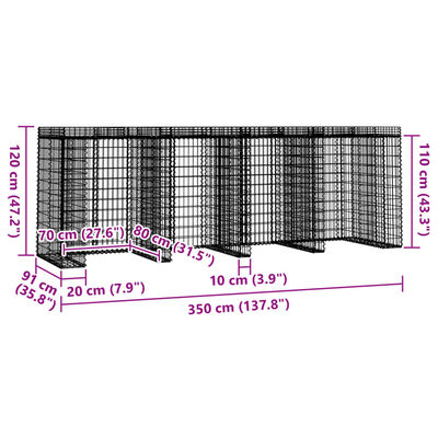 vidaXL gabiona siena atkritumu tvertnei, 350x91x120 cm, cinkota dzelzs