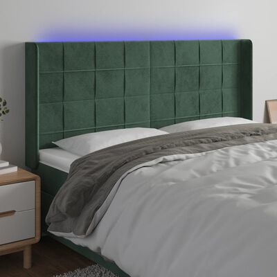 vidaXL gultas galvgalis ar LED, 203x16x118/128 cm, tumši zaļš samts