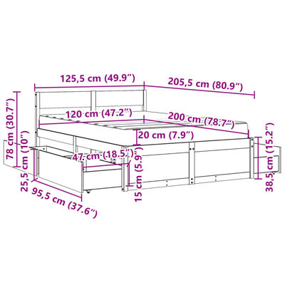 vidaXL gulta ar atvilktnēm un matraci, 120x200 cm, priedes koks