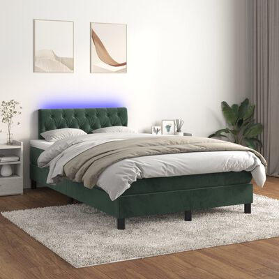 vidaXL atsperu gulta ar matraci, LED, tumši zaļš samts, 120x200 cm