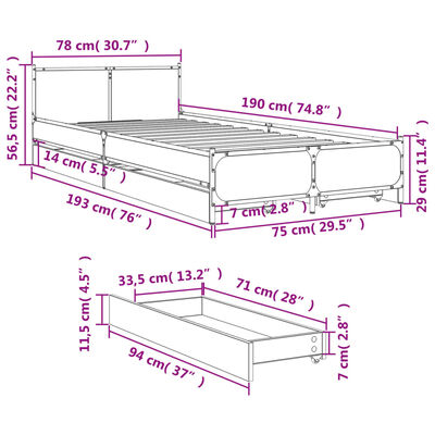 vidaXL gultas rāmis ar atvilktnēm, ozolkoka krāsā, 75x190 cm