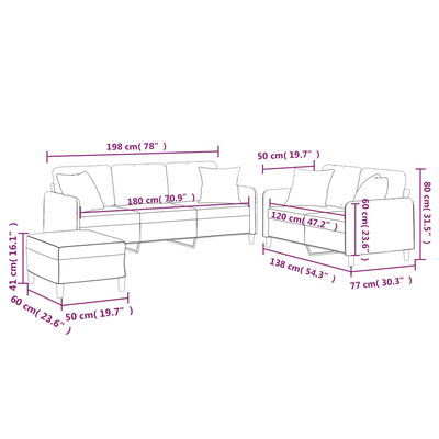 vidaXL trīsvietīgs dīvānu komplekts ar spilveniem, brūns audums