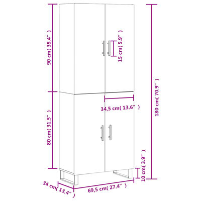 vidaXL augstais skapis, pelēks, 69,5x34x180 cm, inženierijas koks