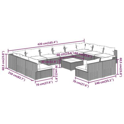 vidaXL 13-daļīgs dārza mēbeļu komplekts, matrači, melna PE rotangpalma