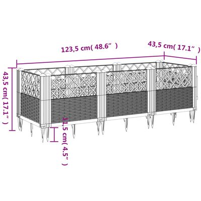 vidaXL dārza puķu kaste ar mietiņiem, pelēka, 123,5x43,5x43,5 cm, PP