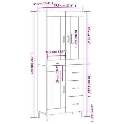 vidaXL augstais skapis, balts, 69,5x34x180 cm, inženierijas koks