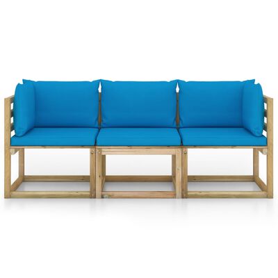 vidaXL 3-vietīgs dārza dīvāns ar gaiši ziliem matračiem