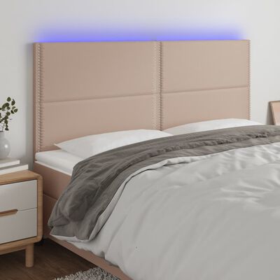 vidaXL gultas galvgalis ar LED, 180x5x118/128cm, kapučīno mākslīgā āda