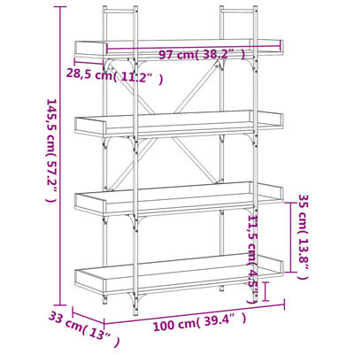 vidaXL grāmatu plaukts, 4 līmeņi, melns, 100x33x145,5 cm, koks