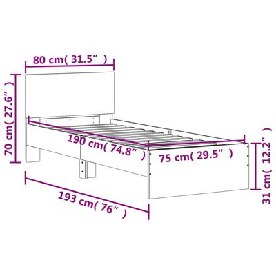 vidaXL gultas rāmis ar galvgali un LED, brūna koka krāsa, 75x190 cm