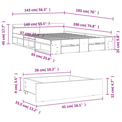 vidaXL gultas rāmis ar atvilktnēm, ozola, 140x190cm, inženierijas koks