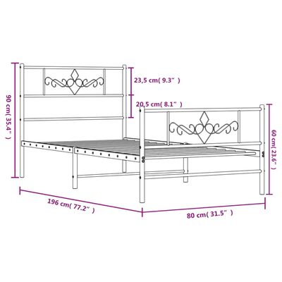 vidaXL gultas rāmis ar galvgali un kājgali, balts metāls, 75x190 cm