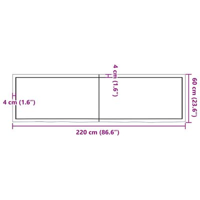 vidaXL galda virsma, 220x60x(2-6) cm, neapstrādāts ozola masīvkoks