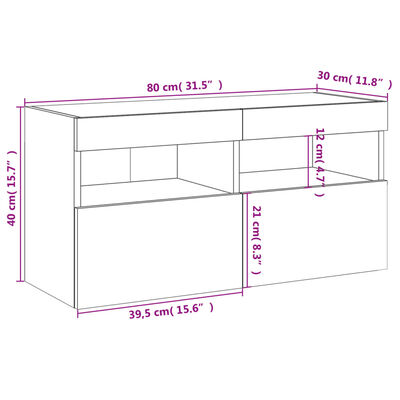 vidaXL TV galdiņš ar LED lampiņām, balti, 80x30x40 cm