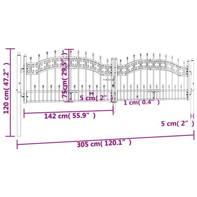 vidaXL dārza vārti ar pīķiem, melni, 305x120 cm, pulverkrāsots tērauds