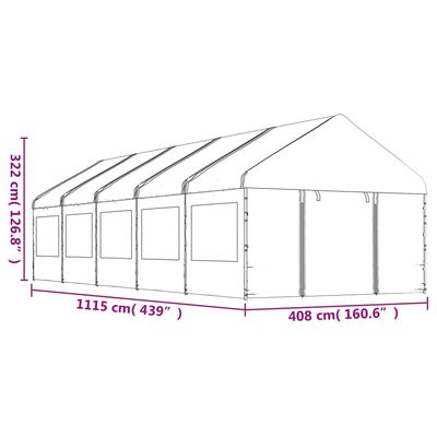 vidaXL nojume ar jumtu, balta, 11,15x4,08x3,22 m, polietilēns